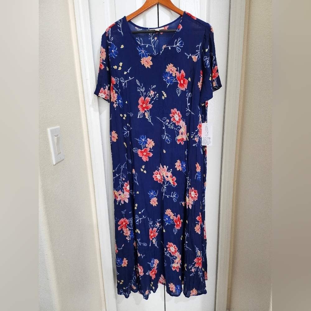 Woman Within 1X Petite Blue Floral Dress Midi Short Sleeve Rayon Plus - Picture 3 of 11